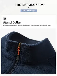 Detailed close-up of stand collar with metal zipper on blue fleece jacket