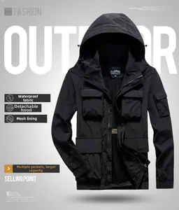 Detail of waterproof outdoor jacket showing breathable mesh lining and adjustable hood