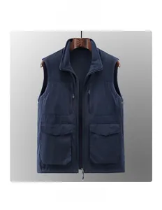 Detail view of navy fleece vest with stand collar and four outdoor functional pockets