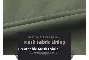 Macro detail of breathable olive green mesh lining for outdoor utility vest jacket