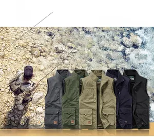 Multi-pocket outdoor utility vest display in grey, green, khaki, navy, and black colors