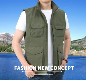 Detail of army green outdoor fishing vest with four utility pockets and stand collar