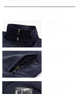 Detail of navy blue outdoor vest featuring stand collar, zipper pocket, and inner bag