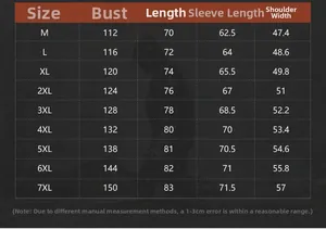 Size chart for outdoor waterproof jacket ranging from M to 7XL with detailed measurements