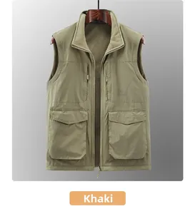 Detail of khaki fleece vest showing windproof stand collar and large cargo pockets