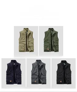 Detail view of multi-pocket outdoor vest in khaki green blue gray and black colors