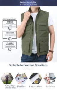 Detail of army green utility vest with four flap pockets and windproof standing collar