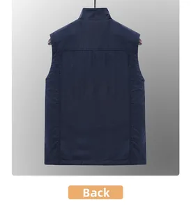 Rear view of a navy blue quick-dry fleece vest with stand collar for men