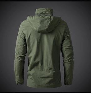 Rear view of army green outdoor jacket featuring hood with breathable mesh lining