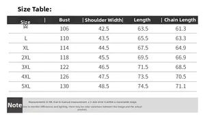 Detailed size chart for men's utility vest showing measurements from M to 5XL in centimeters