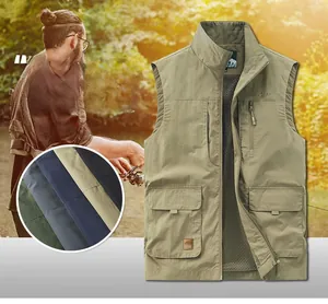 Detail of khaki outdoor fishing vest with multi-pocket design and breathable mesh lining