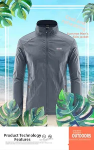 Detail of grey men's sun protection jacket showing water repellent and breathable fabric