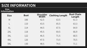 Size information chart for outdoor cargo vest showing bust, shoulder and length from M to 5XL