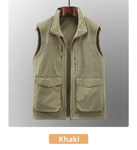 Detail of khaki outdoor vest showing multi-pocket design and warm fleece lining