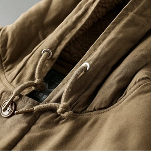 Detail of winter parka showing thick sherpa fleece lining and rugged canvas fabric texture