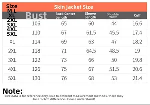 Detailed size chart for men's sun protection jacket ranging from size M to 5XL