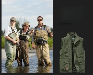 Detail of army green multi-pocket outdoor vest with durable stitching and zippers