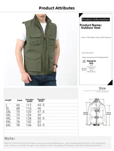 Detailed size chart for outdoor fishing vest with dimensions and material info