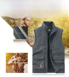 Detail of grey multi-pocket tactical vest with high collar and durable zippers