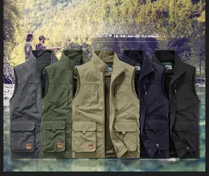 Multi-pocket outdoor utility vests shown in five colors with functional mountain brand detail