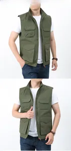 Detailed view of olive green multi-pocket utility vest with stand collar and front zipper