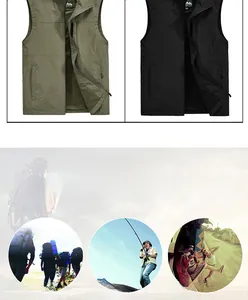 Detail of outdoor tactical vest with mesh lining, multiple pockets and hiking scenes