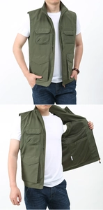 Detail of army green outdoor tactical vest showing breathable mesh lining and inner pockets
