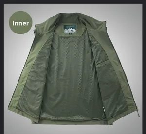 Detail view of army green outdoor vest showing breathable mesh lining and inner stitching
