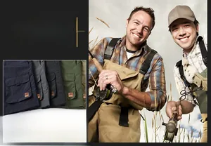 Detailed view of durable multi-pocket fishing vests in navy, green, and khaki colors