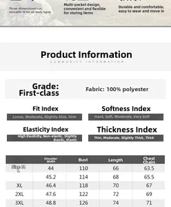 Size guide for men's outdoor vest showing measurements in M to 3XL and 100% polyester fabric