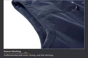 Detail view of reinforced stitching on navy fleece-lined outdoor vest for men