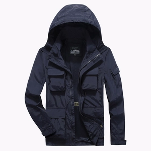 Men's waterproof outdoor hooded jacket in navy blue with functional cargo pockets