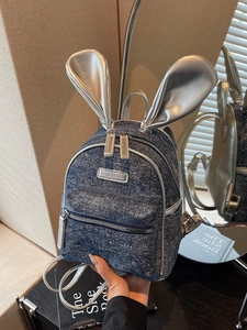 Cute mini denim backpack with white polka dots and silver rabbit ears for women