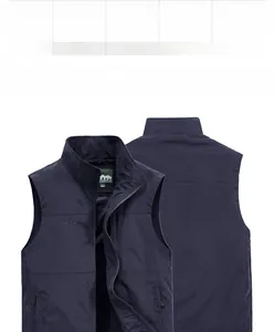 Detail view of navy blue outdoor fishing vest with front and back tiled display