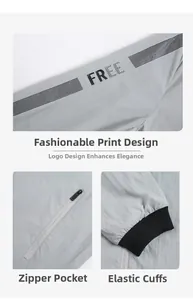 Detail view of quick-dry jacket featuring zipper pockets, elastic cuffs and sleeve prints