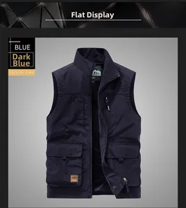 Detailed view of navy blue outdoor vest featuring functional pockets and premium zipper