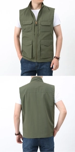 Front and back view of men's olive green multi-pocket vest with a stand collar