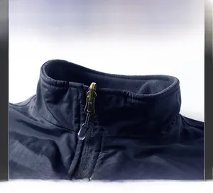 Detail of stand-up collar with soft fleece lining and convenient metal zipper pull