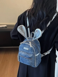 Mini denim backpack for women with cute silver rabbit ears and glitter accents