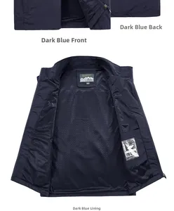 Detail of navy blue outdoor vest featuring breathable mesh lining and inner pocket