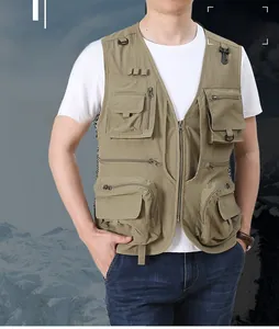 Detail of multi-pocket khaki outdoor vest featuring a functional detachable back design