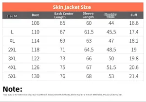 Detailed size chart for men sun protection jacket covering sizes M to 5XL with measurements