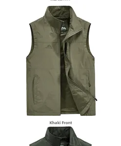 Detail of khaki outdoor vest showing breathable mesh lining and zippered pocket