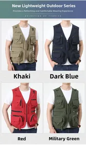 Front view collage of multi-pocket functional outdoor vests in four distinct colors