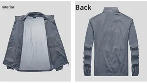 Detail view of lightweight grey sun protection jacket showing inner lining and back design