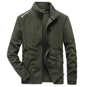 Army green polar fleece jacket with stand collar and full zip for warm winter wear
