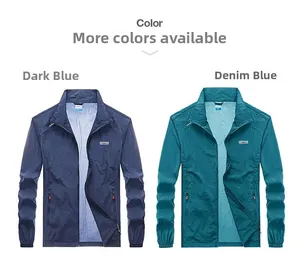 Detail of outdoor sun protection jackets in dark blue showing logo and textured fabric