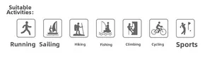 Outdoor sports jacket icons showing running, hiking, fishing, and cycling activity scenes