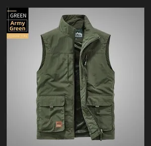 Army green multi-pocket utility vest with mesh lining and outdoor leather patch detail
