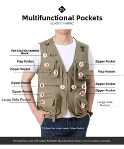 Detail view of khaki tactical vest showing 14 functional pockets and elastic fabric